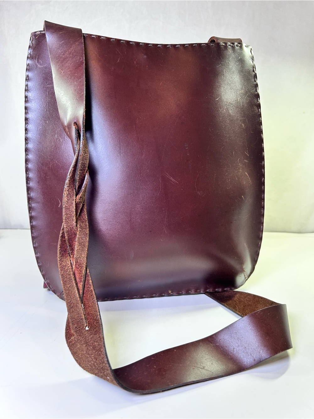 Brown Leather Crossbody Bag with Vintage Character, Braided Strap Boho Western